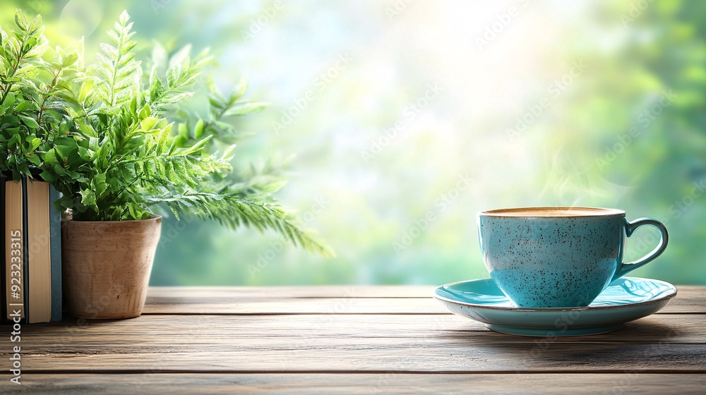 Poster A soothing cafe scene featuring a cup of coffee on a rustic table bathed in warm light The background softly blurs into bookshelves and plants creating a tranquil and comfortable setting Stock Photo