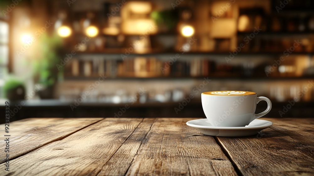 Poster A cup of coffee on a rustic wooden table in a warmly lit cafe The blurred background with muted earthy tones and hints of books and greenery enhances the inviting and relaxing ambiance Stock Photo
