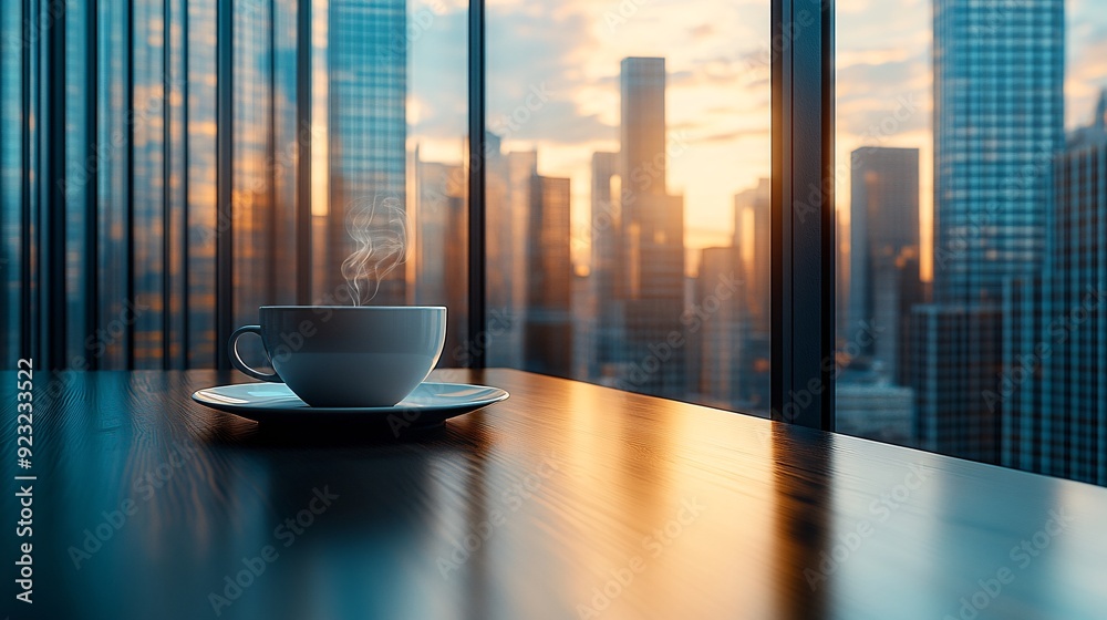 Poster a modern urban cafe with floor-to-ceiling windows offering a stunning view of the cityscape a sleek 