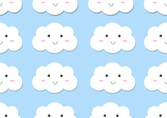 Fototapeta premium White smile cute cloud seamless patterns on a light blue background. For cards, frames, posters, book covers, textiles, wallpaper, wrapping and fabric.