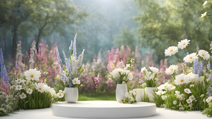 there are three vases with flowers on a white platform in a garden