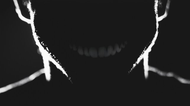 Sinister grin in shadowy darkness, eerie smiling face obscured by shadows, creepy smile in low light, haunting smile emerging from darkness, unsettling face in black and white