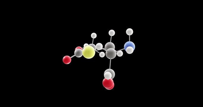 Carbocisteine molecule, rotating 3D model of mucolytic, looped video on a black background