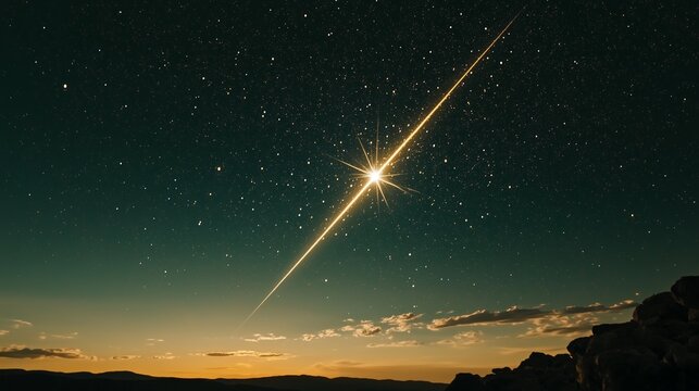 Bright shooting star over desert, starry night sky with meteor, long exposure meteor streak, golden meteor across night sky, cosmic phenomenon in nature