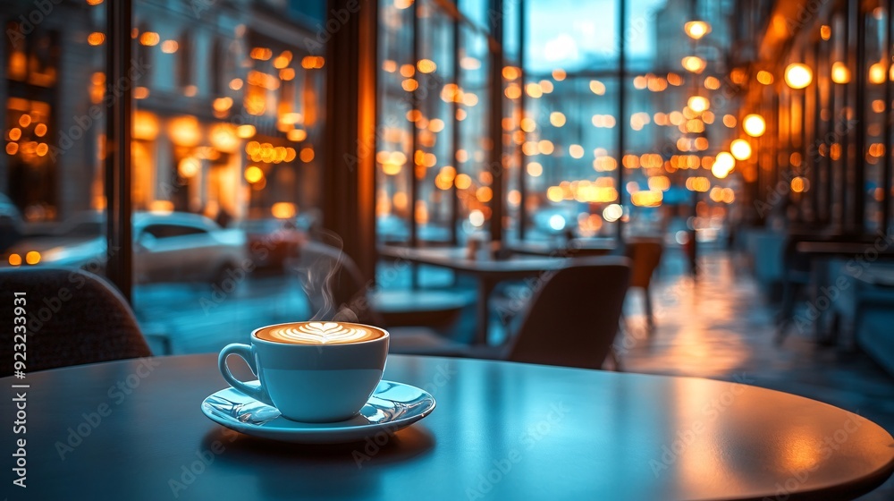 Poster an urban cafe setting featuring a coffee cup on a modern table the large windows reveal a bustling c