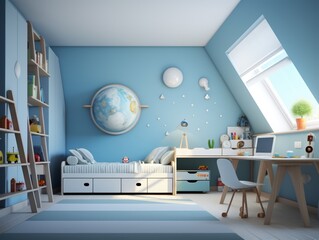 Modern blue and white kids room with a globe on the wall, a bed, a desk, and a chair, sun shining through the dormer window.