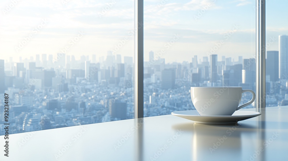 Poster an urban cafe setting where a coffee cup sits on a sleek table the large windows showcase a sprawlin