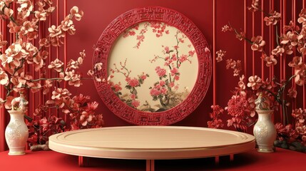 Chinese flower floral Asian style red background space for products showcase advertising montage