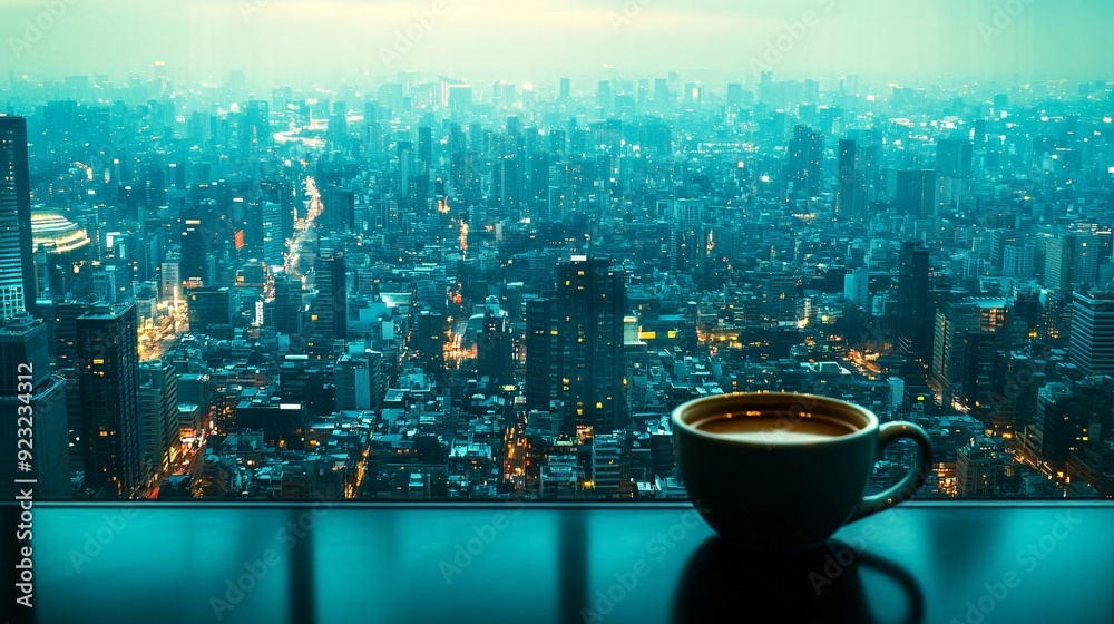 Poster an urban cafe setting where a coffee cup sits on a sleek table the large windows showcase a sprawlin