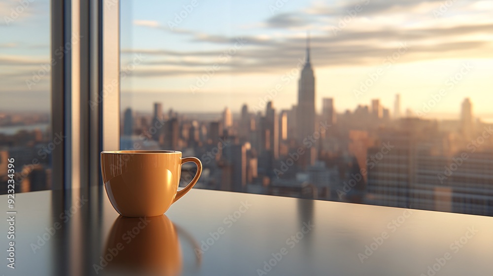 Poster an urban cafe setting where a coffee cup sits on a sleek table the large windows showcase a sprawlin