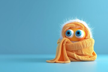 Obraz premium 3D illustration of a Cute Character Wrapped in a Cozy Orange Blanket on a Light Blue Background