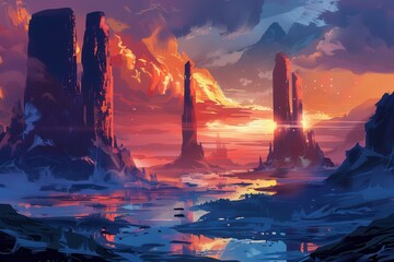 A Surreal Landscape with Tall Stone Pillars Under a Fiery Sunset