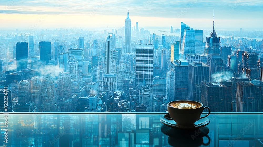 Poster an urban cafe scene with a sleek table and a coffee cup the large windows offer a panoramic view of 