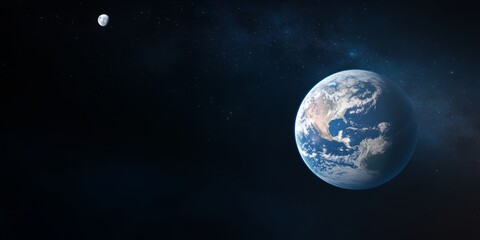A view of Earth from space, with stars in the background, the moon on the left side, a blue atmosphere