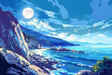 A Coastal Landscape with a Full Moon and a Blue Sky
