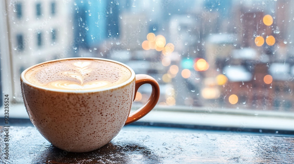 Poster An urban cafe setting with a view of the city through large windows A coffee cup sits on a modern table as the cityscape in cool tones of blue and gray creates a dynamic backdrop to the warm colors