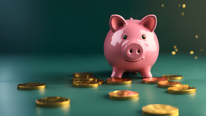 there is a pink piggy bank sitting on a table with coins