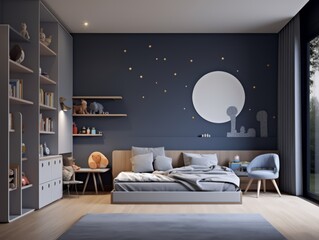 Modern kid's bedroom with a blue wall, a bed, a chair, and a bookshelf.