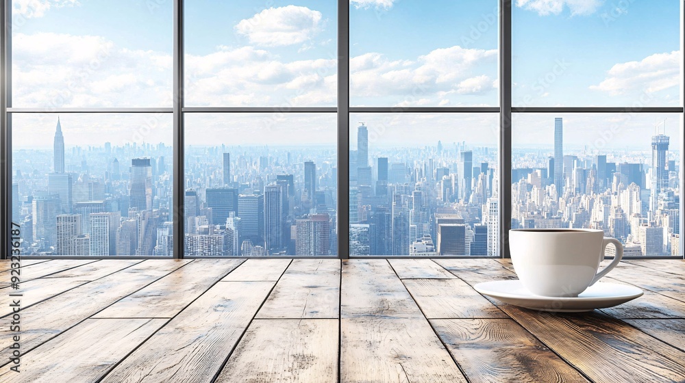 Poster an urban cafe setting with a coffee cup on a modern table the large windows provide a sweeping view 