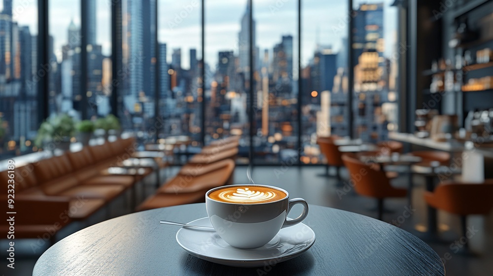 Poster an urban cafe setting with a coffee cup on a modern table the large windows provide a sweeping view 