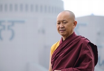  monk in a red robe standing in front of a building.