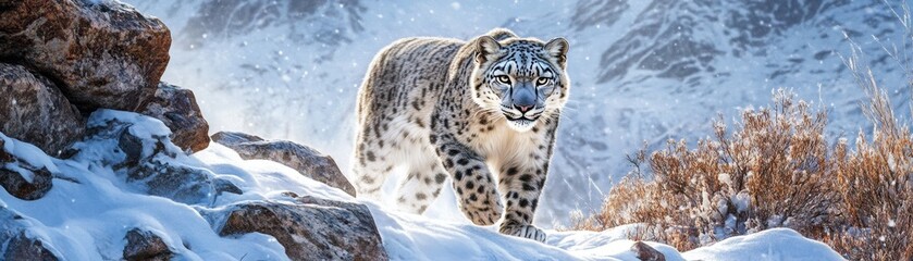 Fototapeta premium Stealthy Snow Leopard Roaming Rocky Mountainside with Piercing Gaze in Winter Wilderness - Ultra-realistic Detail and High Contrast