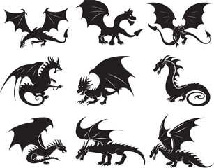 set of silhouettes of dragons