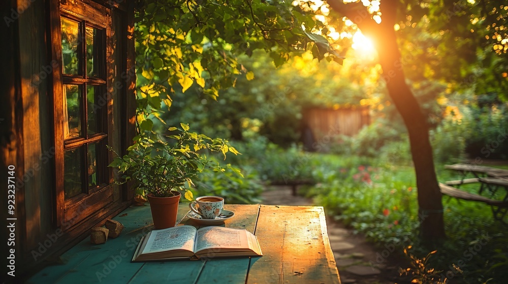 Poster A tranquil outdoor cafe setting surrounded by trees and greenery A table is set with a cup of coffee and an open book basking in the warm sunlight filtering through the leaves creating a calm and