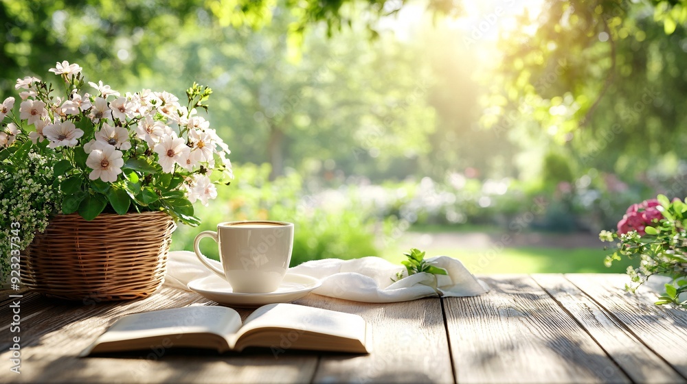 Poster a peaceful outdoor cafe scene with a view of a garden a cup of coffee and an open book sit on a tabl