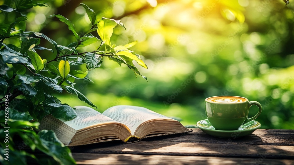 Aufkleber A refreshing outdoor cafe setting where a cup of coffee and an open book rest on a table amidst greenery Sunlight softly filters through the trees creating a calming and serene environment perfect
