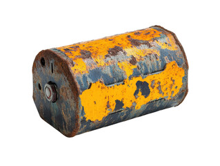 A weathered, rusty barrel featuring a vibrant yellow and blue color. Perfect for vintage or industrial-themed designs.
