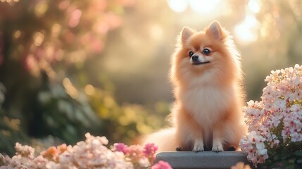 A fluffy Pomeranian sitting on a stone bench in a flower garden, with a soft focus background.