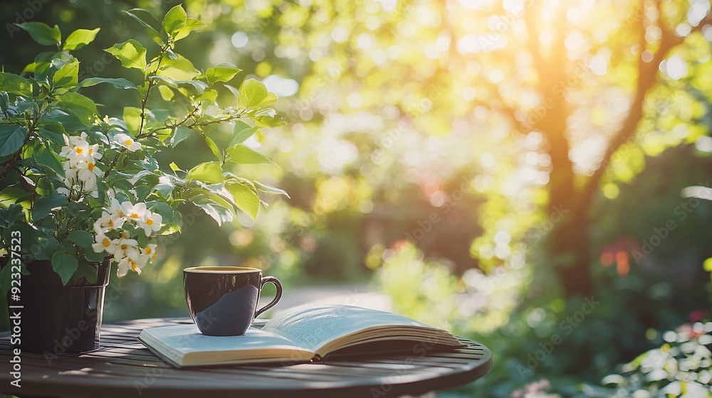 Aufkleber a serene outdoor cafe scene featuring a table with a cup of coffee and an open book sunlight filters