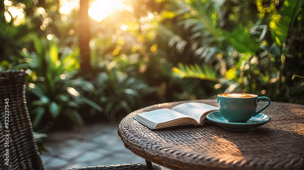 Poster a serene outdoor cafe scene featuring a table with a cup of coffee and an open book sunlight filters