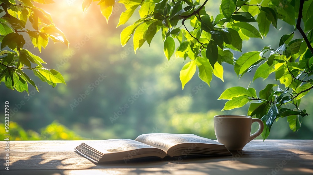 Poster A tranquil cafe scene outdoors with a view of greenery A table is set with a cup of coffee and an open book while sunlight filters through the leaves casting a warm and calming glow over the scene