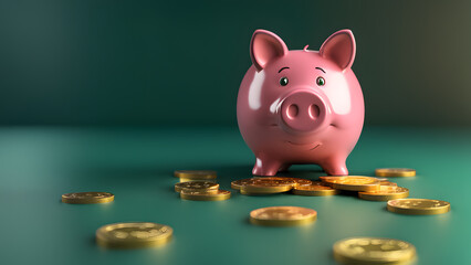 there is a pink piggy bank sitting on a pile of gold coins