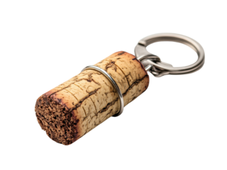 A close-up view of a cork keychain, showcasing its textured surface and metallic keyring, perfect for wine enthusiasts.