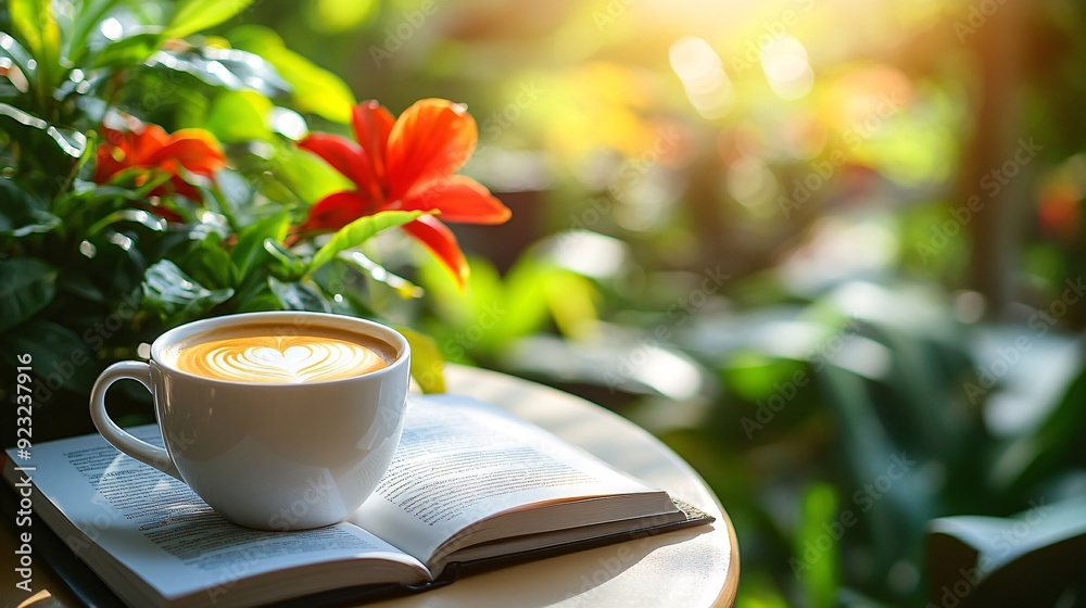 Poster a serene outdoor cafe scene with a view of lush trees and a garden a cup of coffee and an open book 