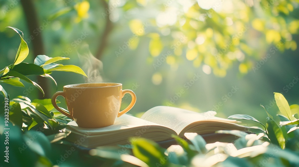 Aufkleber a peaceful outdoor cafe setting surrounded by greenery a table with a cup of coffee and an open book