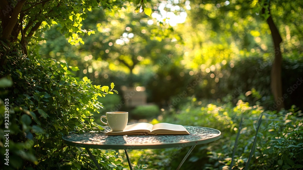 Aufkleber a tranquil outdoor cafe scene where a cup of coffee and an open book sit on a table amidst lush gree