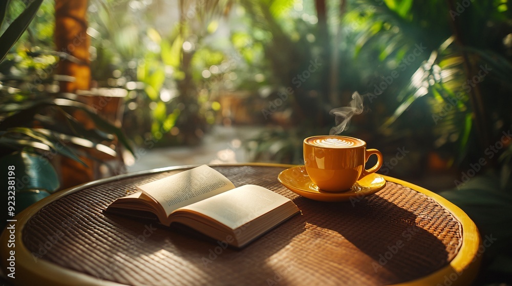 Poster a tranquil outdoor cafe scene where a cup of coffee and an open book sit on a table amidst lush gree
