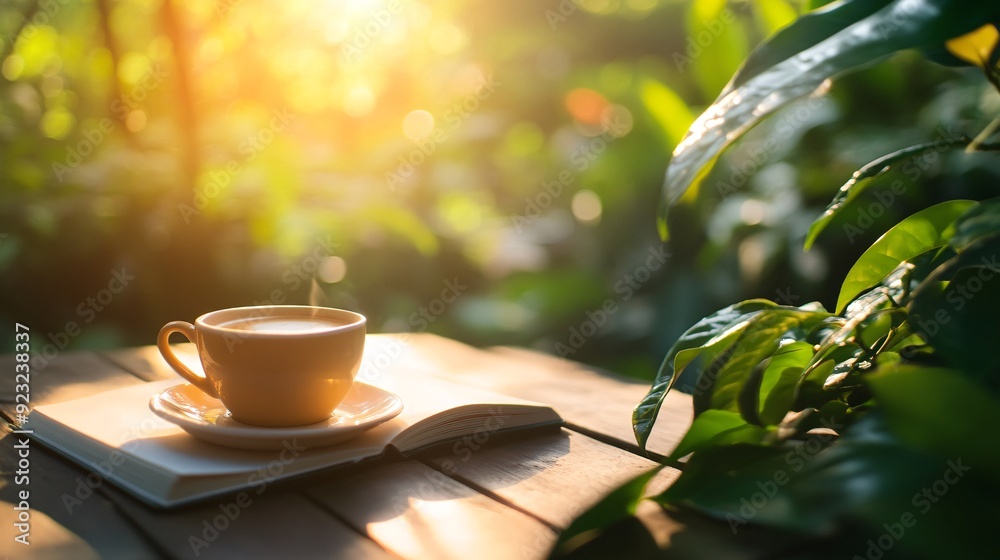 Poster a serene outdoor cafe scene featuring a table with a cup of coffee and an open book sunlight gently 