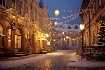 Fototapeta premium Christmas Lights and Decorations in Snowy Courtyard. 