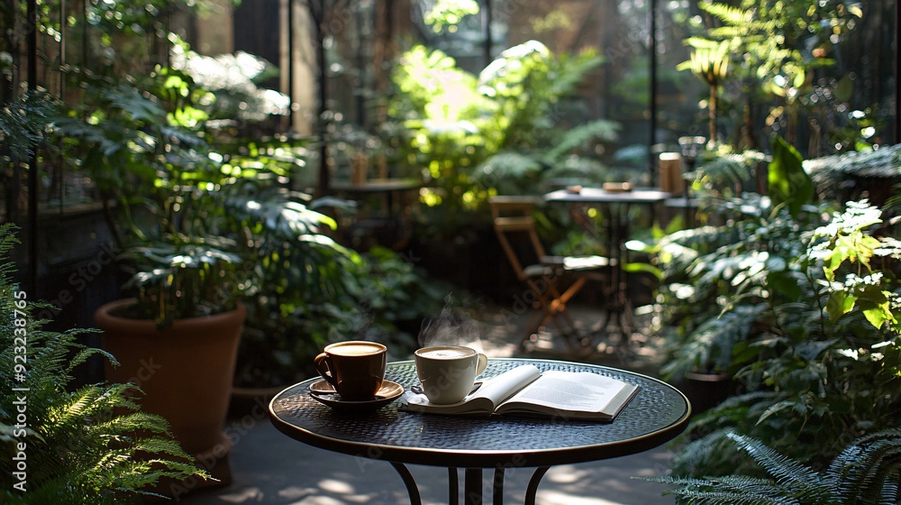 Poster A refreshing outdoor cafe setting where a cup of coffee and an open book rest on a table amidst lush greenery Sunlight filters softly through the trees casting a gentle and serene light over the