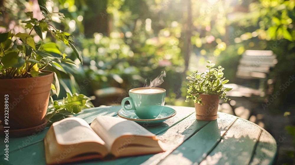 Poster A tranquil outdoor cafe scene with a view of greenery A table is set with a cup of coffee and an open book while sunlight filters through the leaves creating a peaceful and calming environment Stock