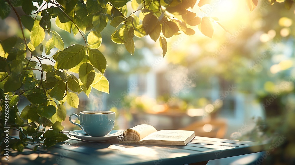 Poster A tranquil outdoor cafe scene with a view of greenery A table is set with a cup of coffee and an open book while sunlight filters through the leaves creating a peaceful and calming environment Stock