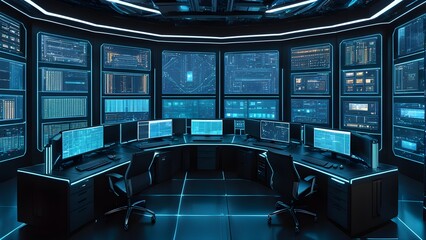 Obraz premium A computer room with many monitors and a large number of computers