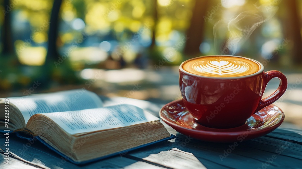 Poster a serene outdoor cafe scene surrounded by lush greenery a cup of coffee and an open book rest on a t