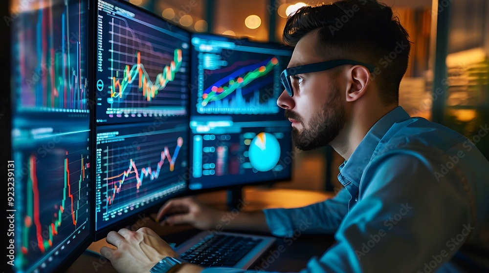 Poster man sits in an office, focused on multiple computer monitors displaying financial charts and graphs.