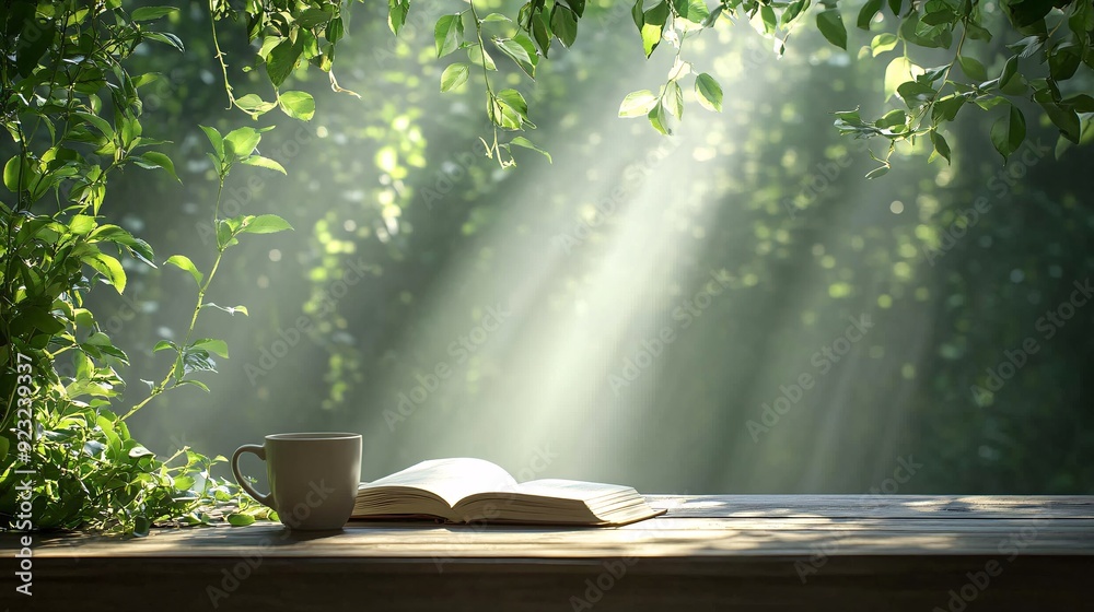 Poster a tranquil outdoor cafe scene where a cup of coffee and an open book sit on a table amidst lush gree